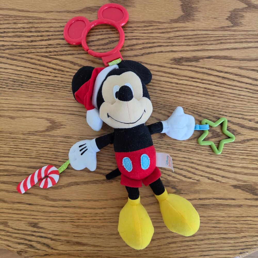 Disney Baby Mickey Mouse Santa Hat Holiday Plush Toy Clip To Stroller Or Crib